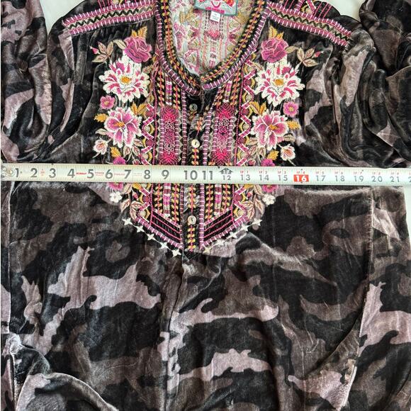 Johnny Was Multicolored Embroidered Camo, Silk/Velvet, Long Sleeve Dress- XL - Picture 8 of 9